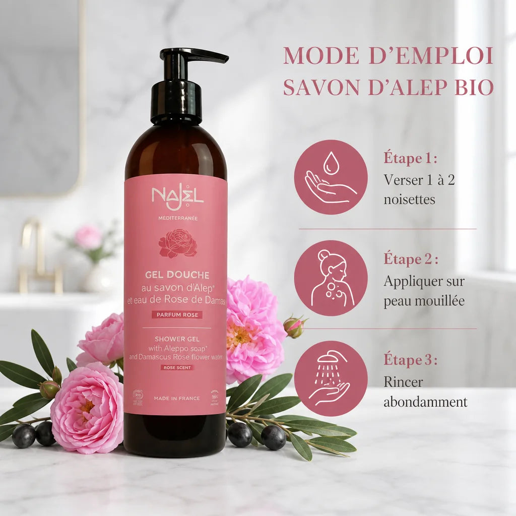Gel douche Najel rose savon d'Alep bio avec guide d'utilisation et ingrédients naturels
