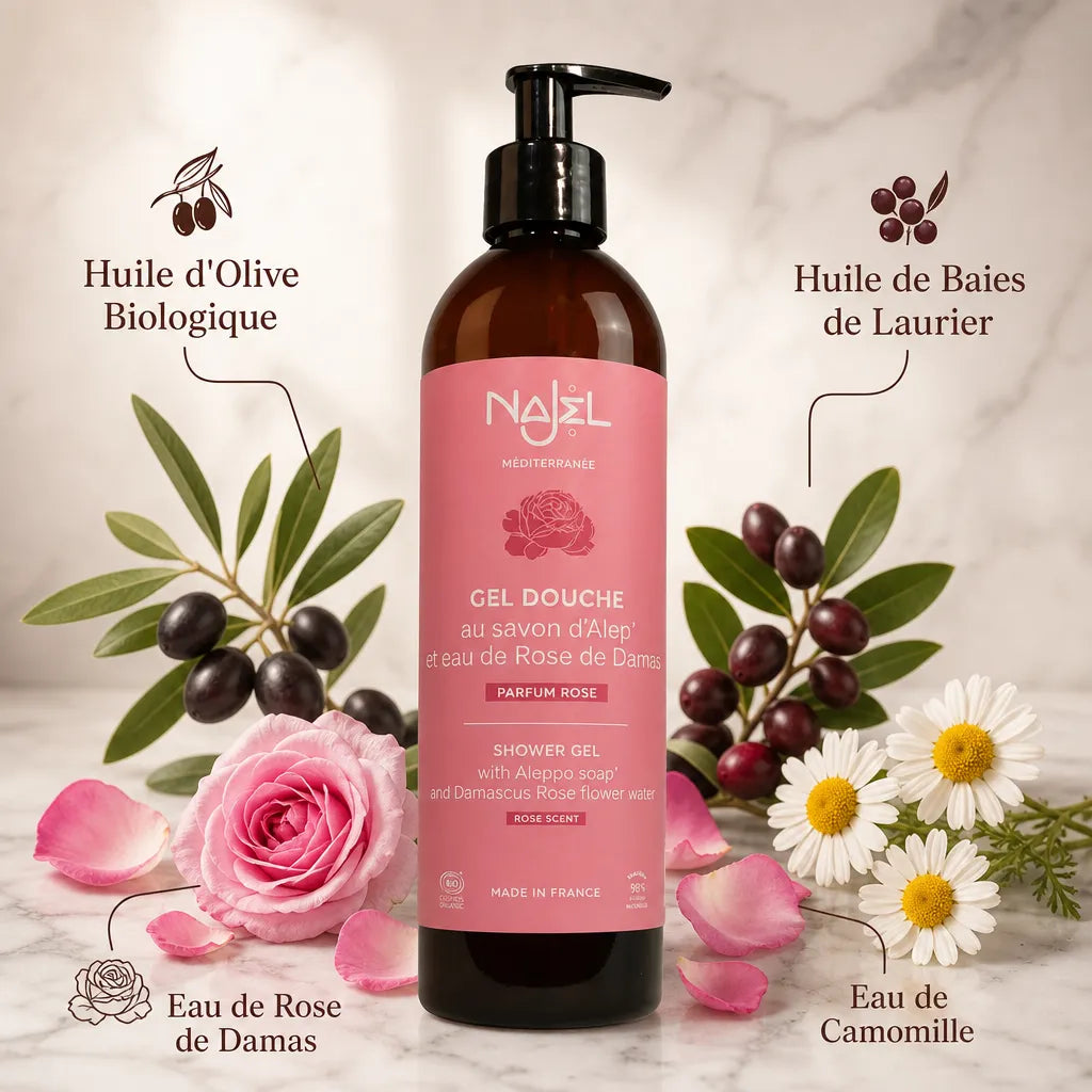 Gel douche Najel rose bio avec ingrédients naturels : huile d'olive, rose de Damas et laurier