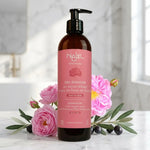 Gel douche Najel rose savon d'Alep bio en flacon verre ambré avec roses et olives