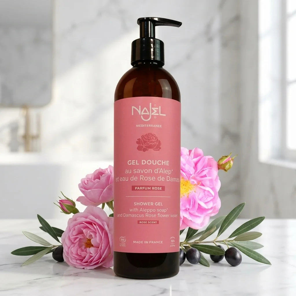 Gel douche Najel rose savon d'Alep bio en flacon verre ambré avec roses et olives