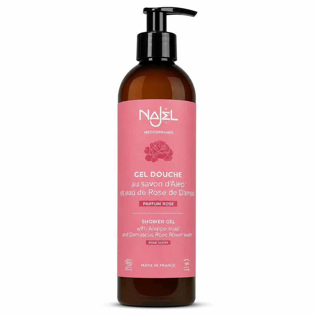 Gel douche Najel rose savon d'Alep bio flacon verre ambré pompe noire