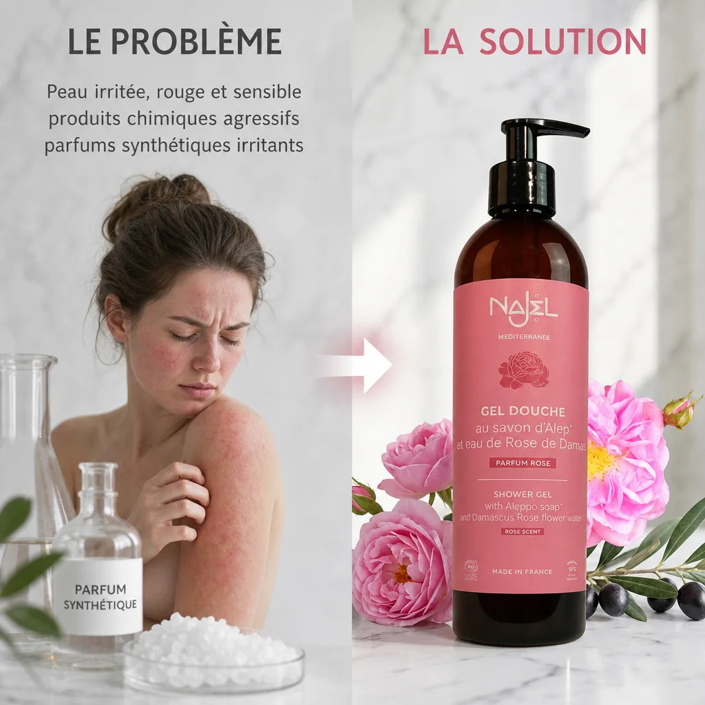 Gel douche rose Najel bio certifié Alep solution peau sensible irritée naturelle