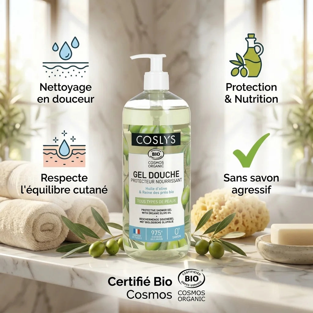 Gel douche Coslys olive bio avec infographie des bénéfices sur marbre et branches d'olivier