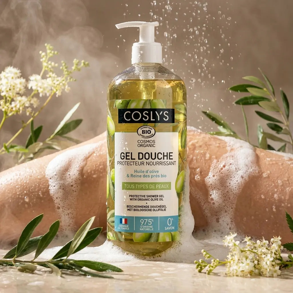 Gel douche protecteur Olive Coslys bio sous l'eau avec mousse crémeuse et feuilles d'olivier