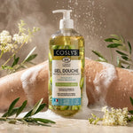 Gel douche protecteur Olive Coslys bio sous l'eau avec mousse crémeuse et feuilles d'olivier