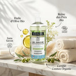 Gel douche Coslys olive bio certifié avec ingrédients naturels et fleurs de reine des prés