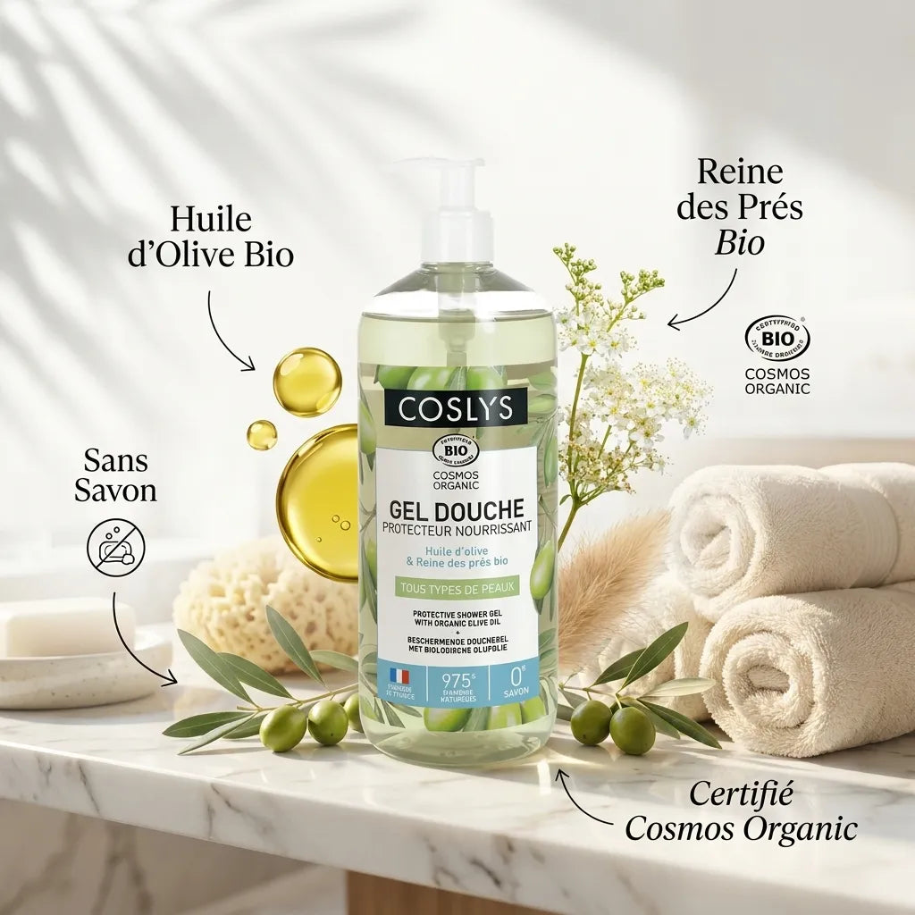 Gel douche Coslys olive bio certifié avec ingrédients naturels et fleurs de reine des prés
