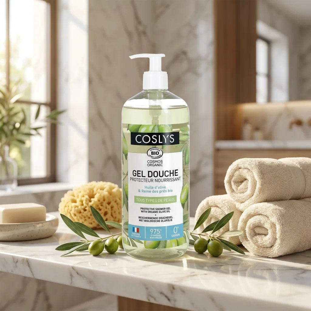 Gel douche bio Coslys olive sur étagère marbre avec branches d'olivier et serviettes spa