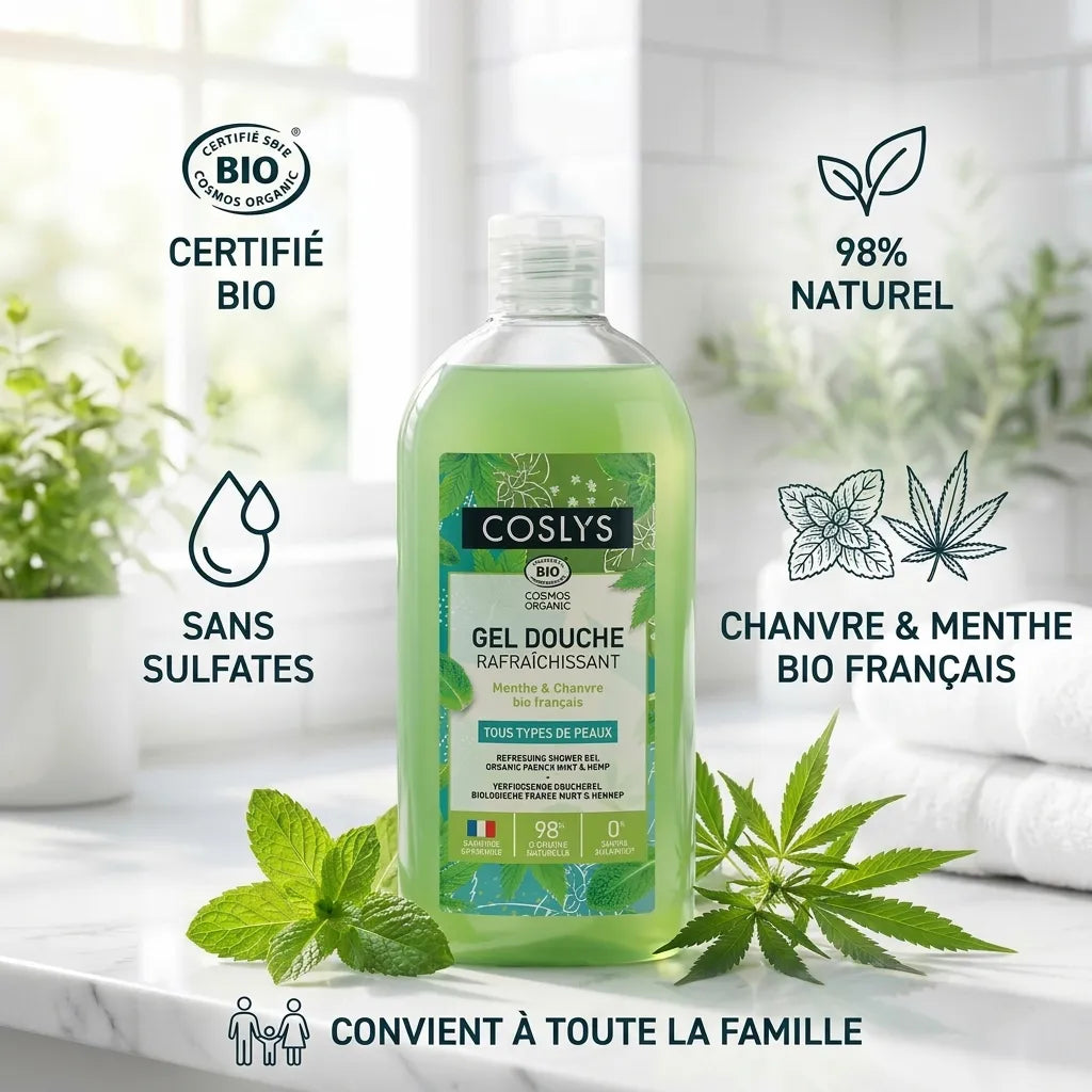 Gel douche bio Coslys rafraîchissant chanvre menthe, certifié naturel sans sulfates