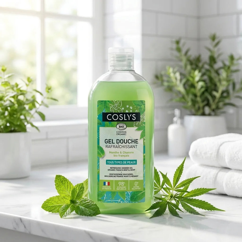 Gel douche Coslys bio rafraîchissant avec feuilles de menthe sur marbre blanc
