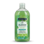 Gel douche bio Coslys rafraîchissant bouteille verte sur fond blanc
