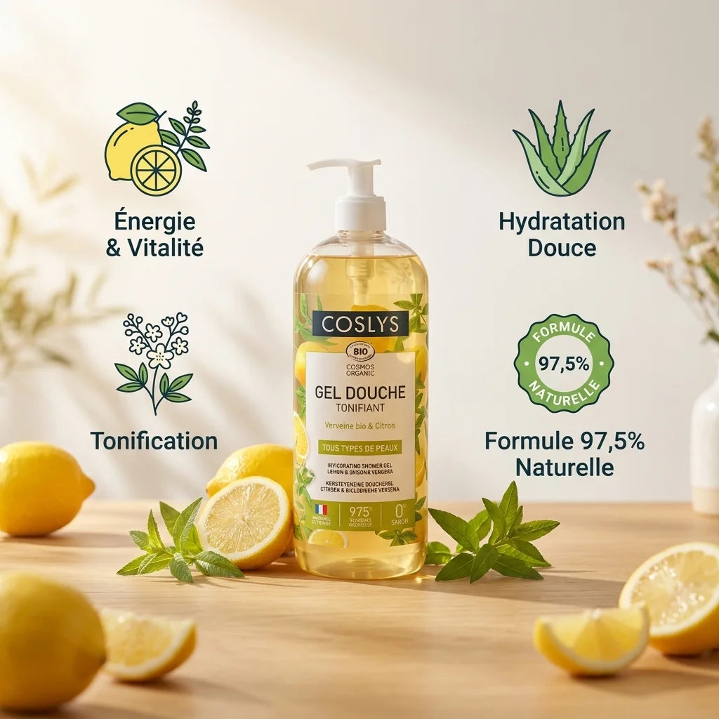 Gel douche Verveine Citron Coslys bio avec bénéfices hydratation et énergie vitalité