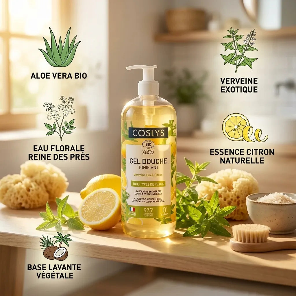 Gel douche Verveine Citron Coslys bio avec ingrédients naturels et label certifié