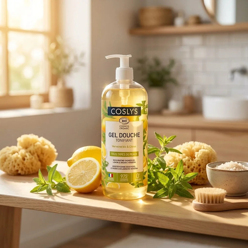 Gel douche Verveine Citron Coslys bio sur étagère avec citrons frais et herbes naturelles