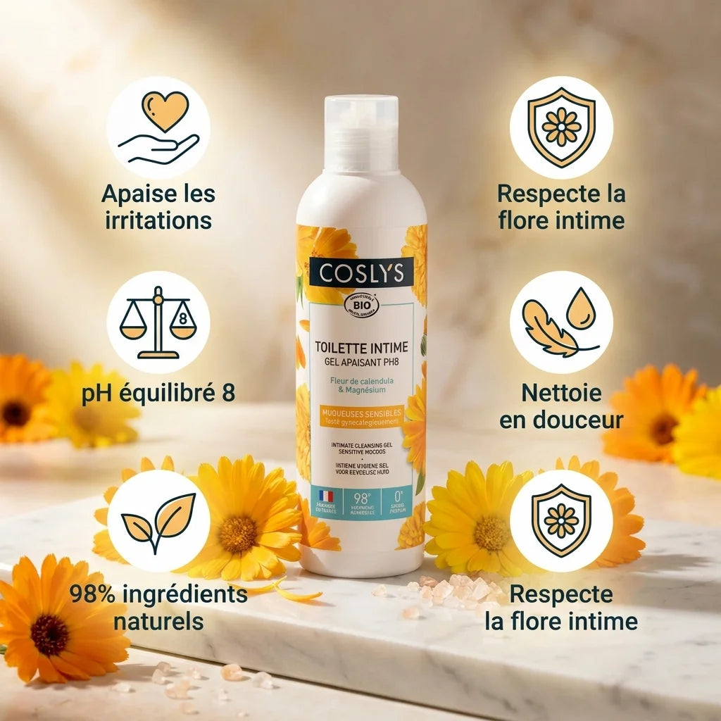 Gel intime apaisant Coslys bio avec fleurs de calendula, 98% naturel, pH équilibré