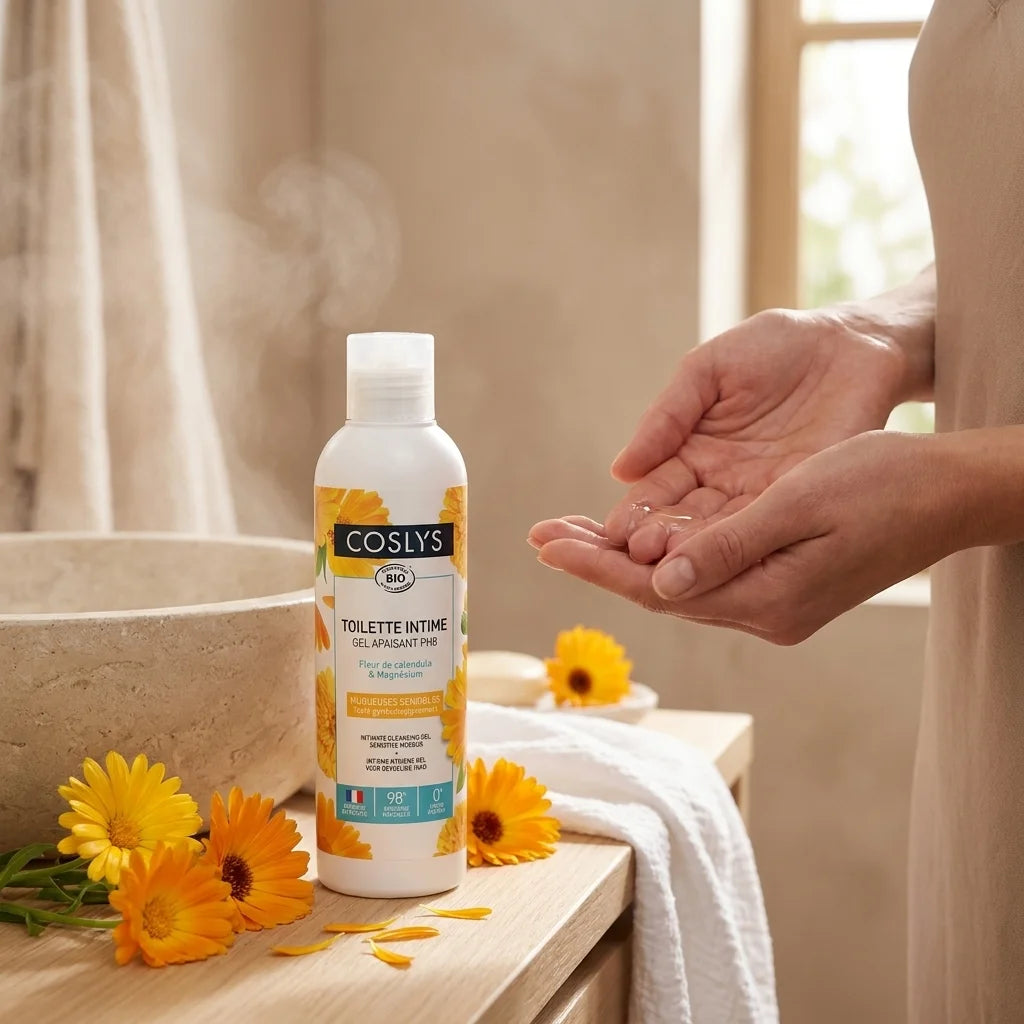 Gel intime apaisant bio Coslys - application douce sur peau sensible
