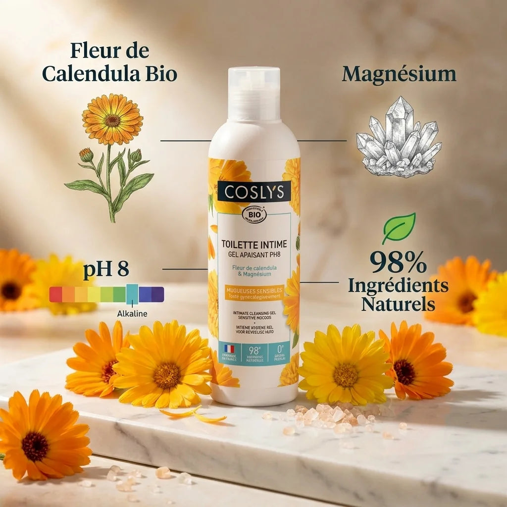 Gel intime apaisant Bio Coslys avec fleurs de calendula et cristaux naturels sur marbre blanc