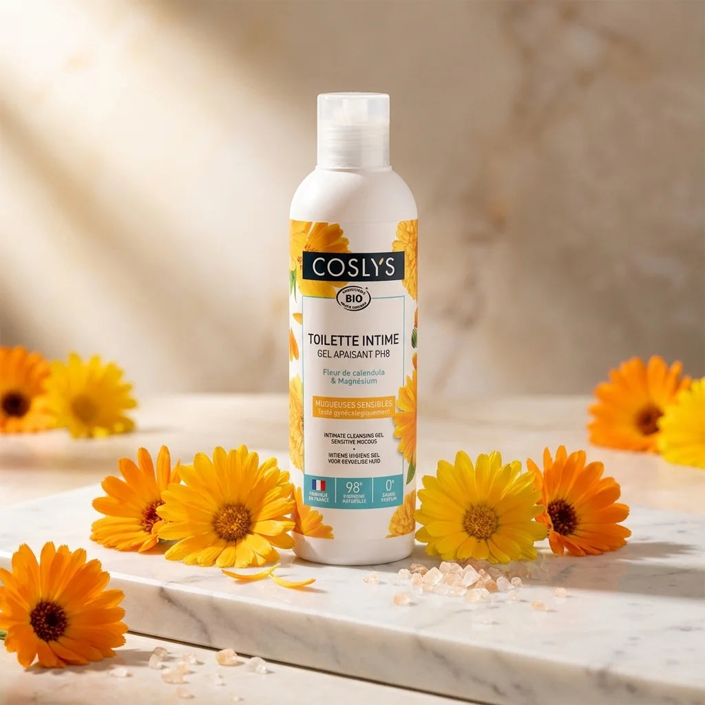 Gel intime apaisant bio Coslys avec calendula et cristaux de magnésium sur marbre blanc