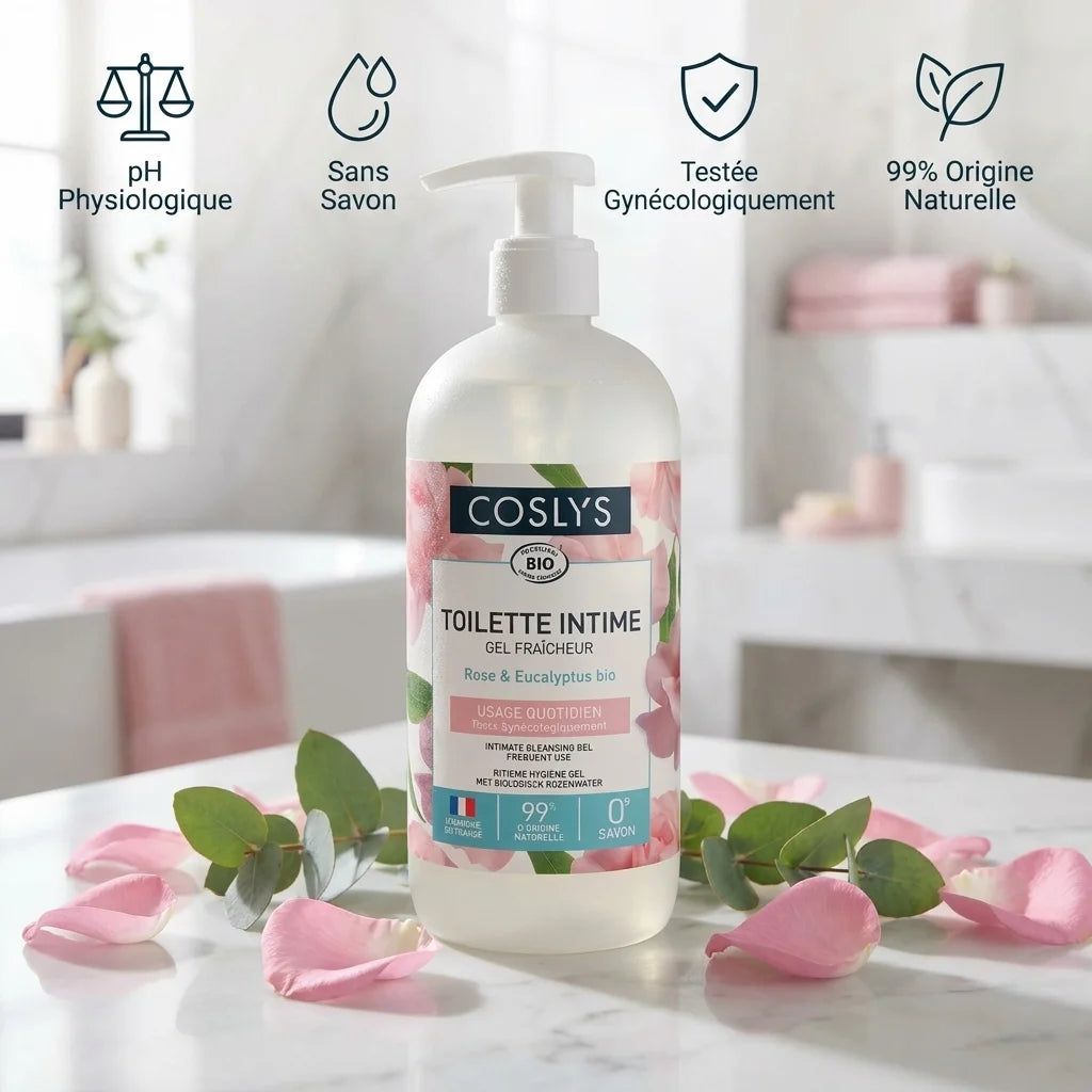 Gel intime fraîcheur bio Coslys avec icônes bénéfices pH physiologique, sans savon, testé gynécologiquement