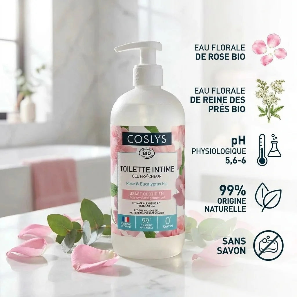 Gel intime fraîcheur bio Coslys avec infographie ingrédients naturels et pH physiologique