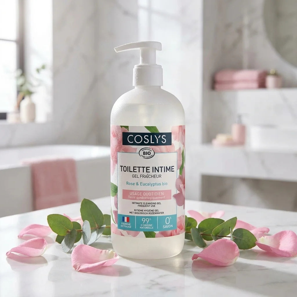 Gel intime fraîcheur bio Coslys rose eucalyptus sur marbre avec pétales et feuilles naturelles