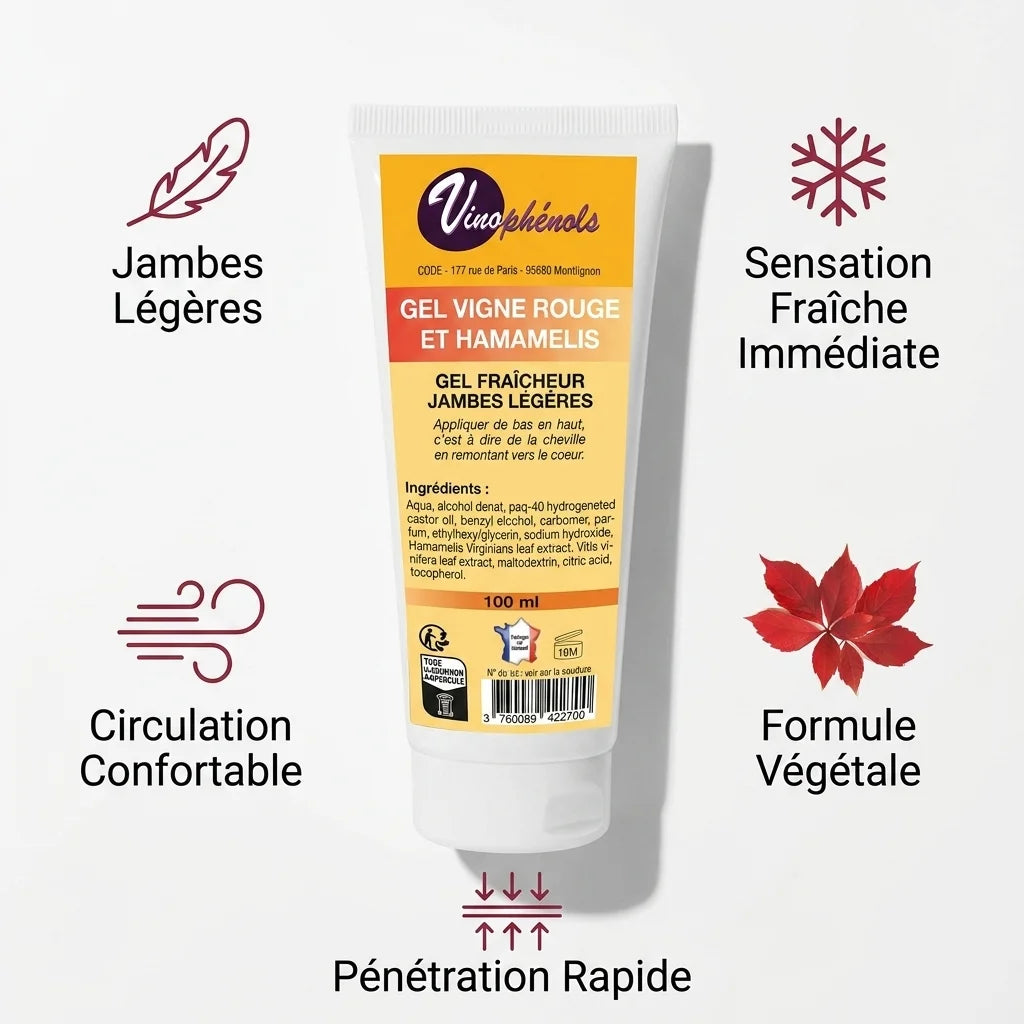 Gel Jambes Légères Vinophénols avec infographie des 5 bénéfices: circulation, sensation fraîche et formule végétale
