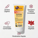 Gel Jambes Légères Vinophénols avec infographie des 5 bénéfices: circulation, sensation fraîche et formule végétale