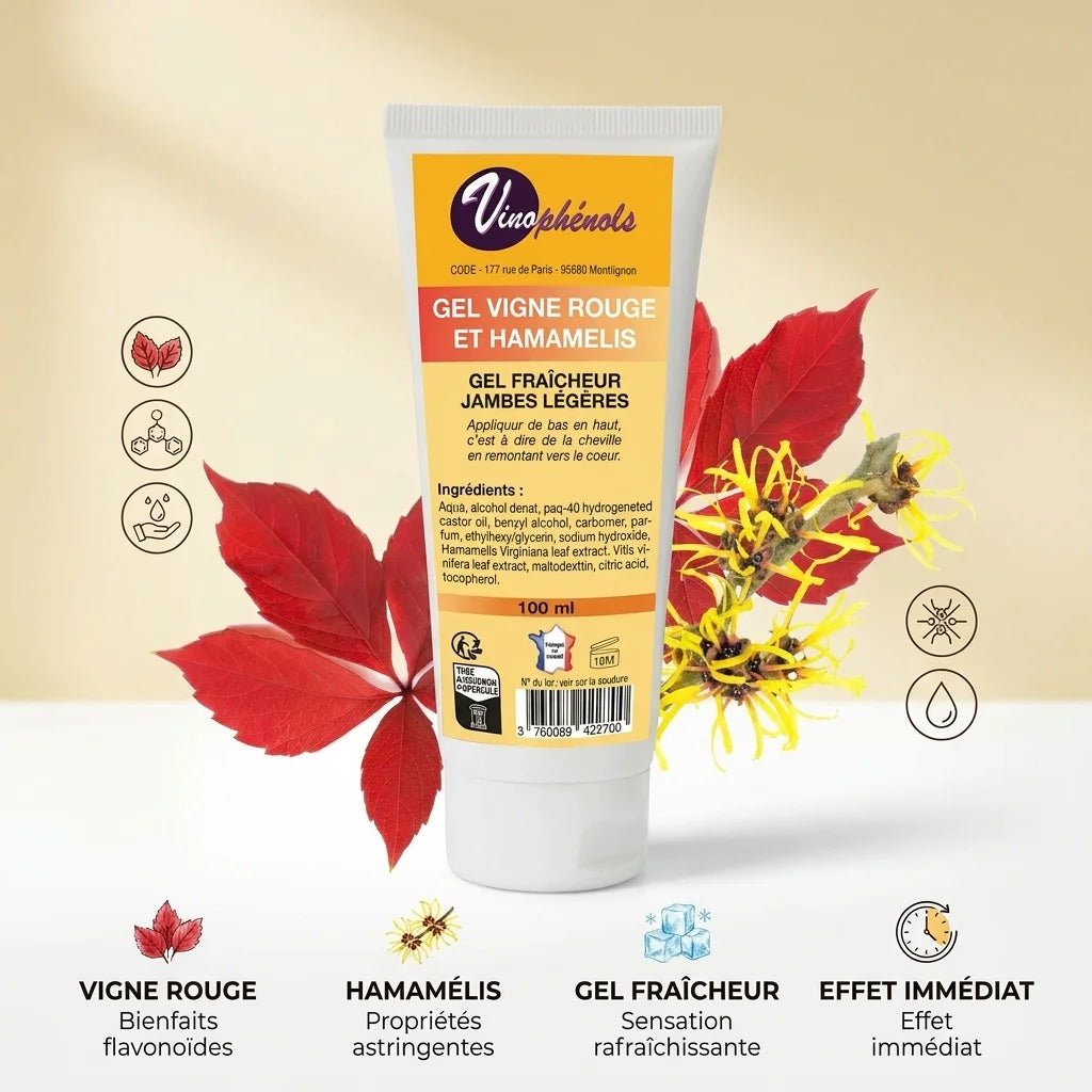 Gel Jambes Légères avec vigne rouge et hamamélis - produit cosmétique jambes légères