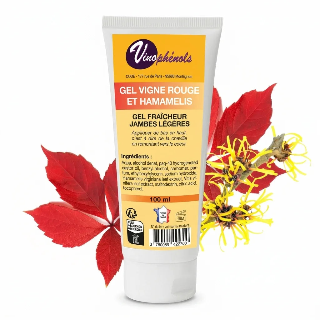 Gel Jambes Légères Vinophénols Vigne Rouge Hamamélis 100ml tube fond blanc
