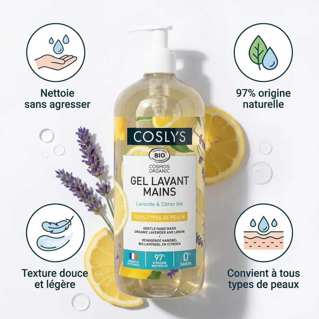 Gel lavant mains Coslys Lavande Citron bio avec bénéfices : nettoyage doux, 97% naturel, tous types peaux