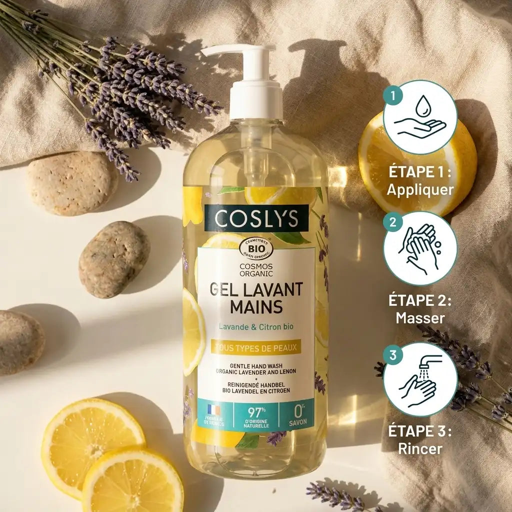 Gel lavant mains bio Coslys Lavande & Citron avec guide d'application en 3 étapes