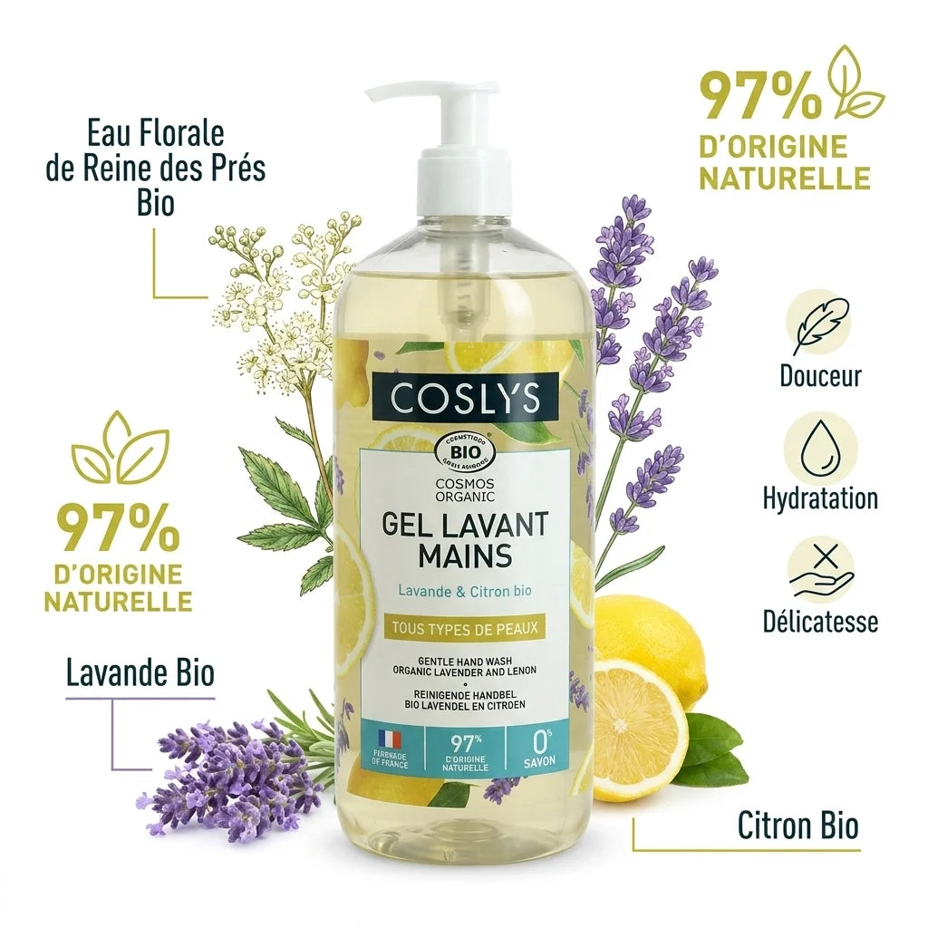 Gel lavant mains bio Coslys Lavande & Citron avec ingrédients naturels