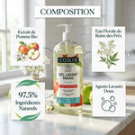 Gel lavant mains bio à la pomme Coslys avec ingrédients naturels en composition infographique