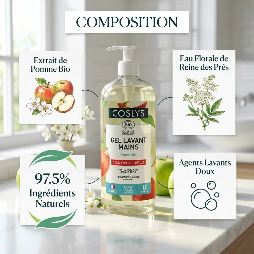 Gel lavant mains bio à la pomme Coslys avec ingrédients naturels en composition infographique