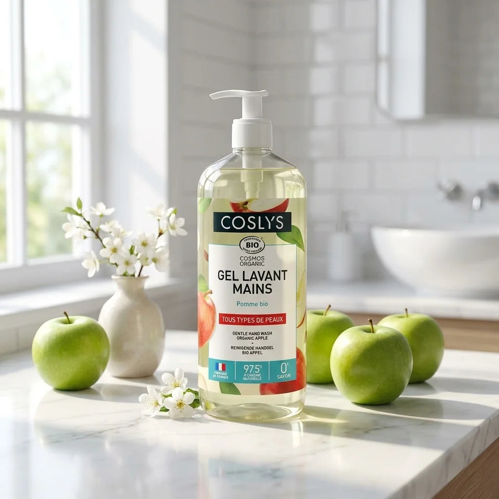 Gel Lavant Mains Pomme Coslys bio sur lavabo avec pommes fraîches et fleurs
