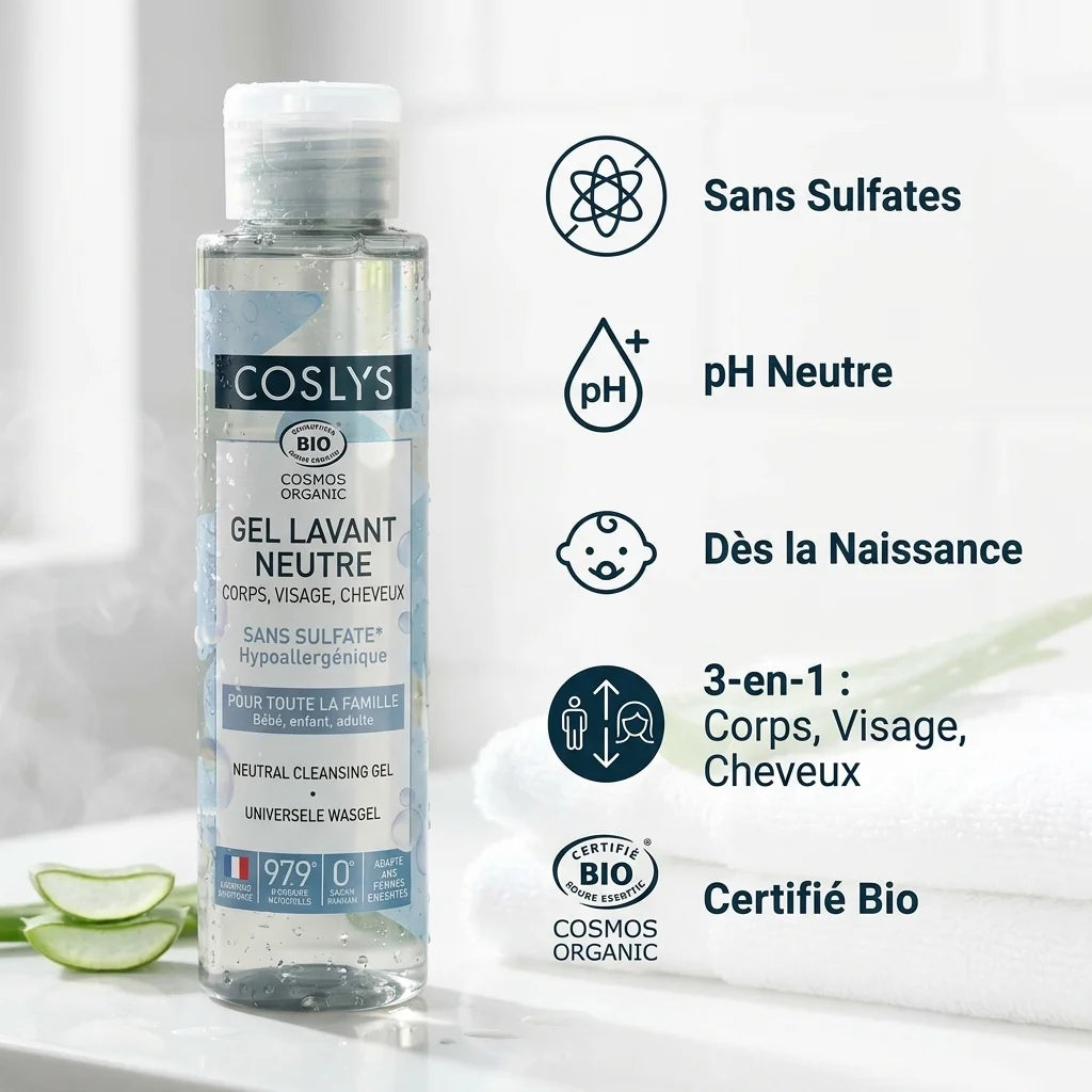 Gel lavant Coslys neutre bio 100ml avec infographie avantages produit certifié Cosmos