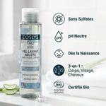 Gel lavant Coslys neutre bio 100ml avec infographie avantages produit certifié Cosmos