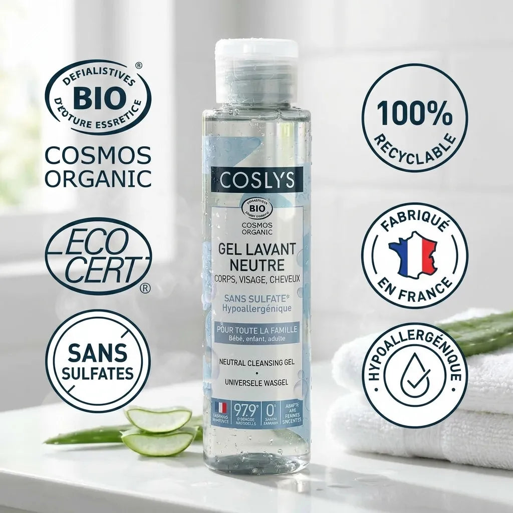 Gel lavant neutre bio Coslys 100ml certifié avec badges écocert et sans sulfates