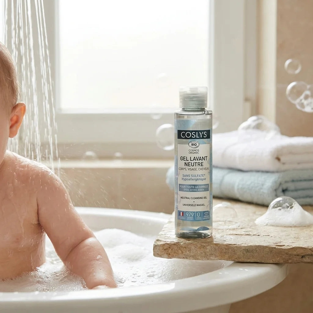 Gel lavant neutre bio Coslys 100ml appliqué sur peau délicate de bébé sous l'eau