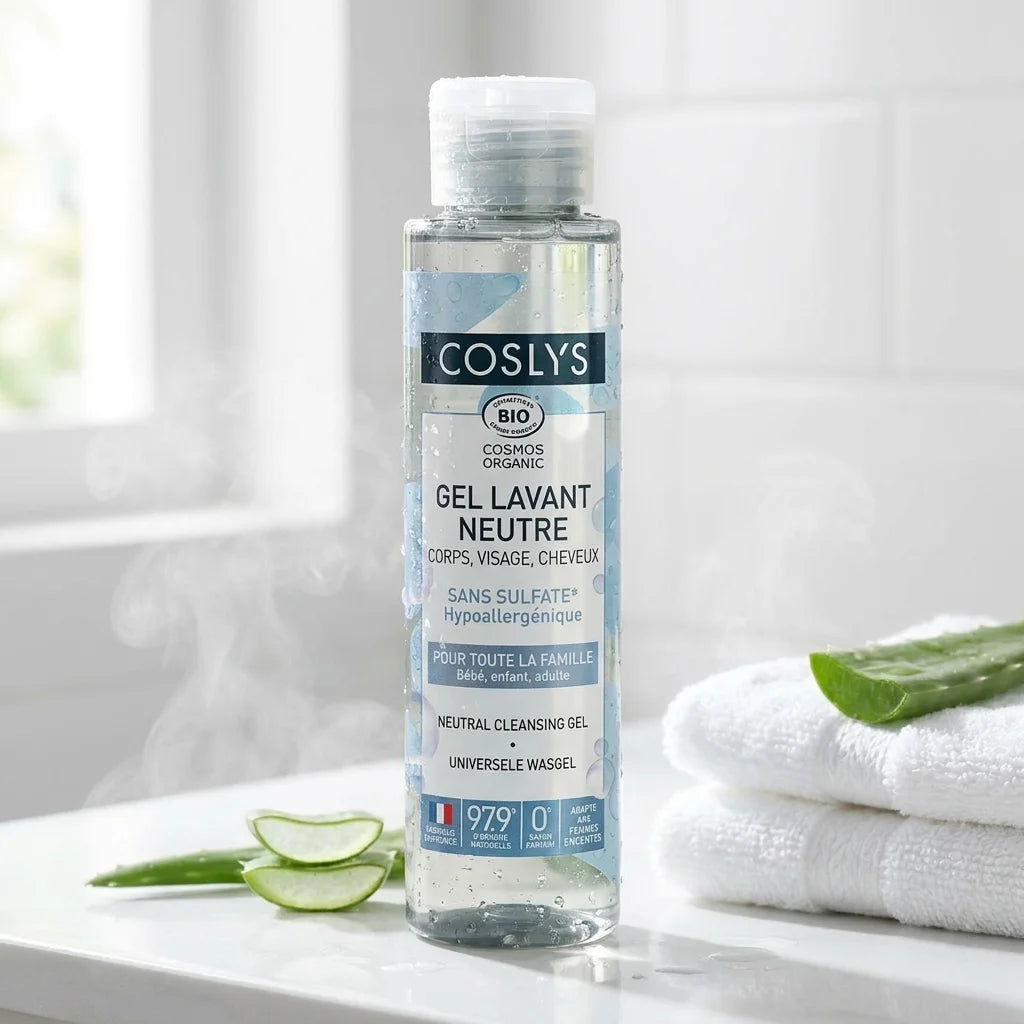 Gel lavant neutre bio Coslys 100ml avec feuilles d'aloe vera et serviettes blanches