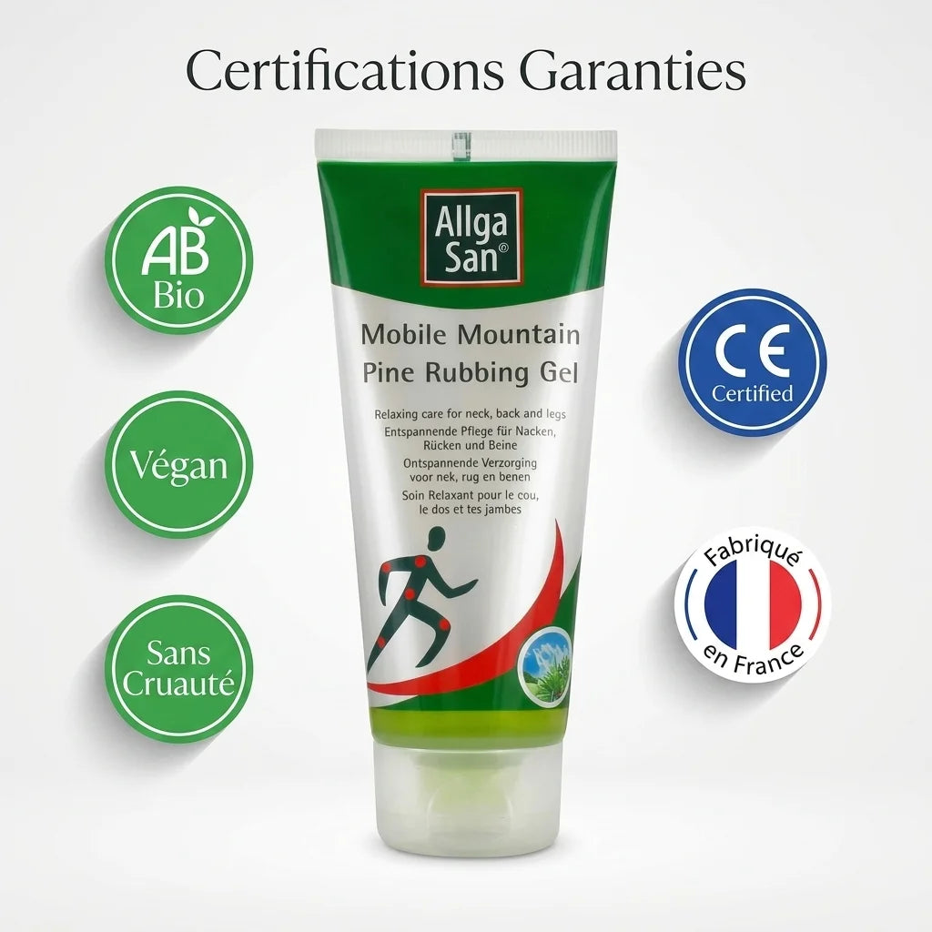 Gel relaxant Allga San cervicales dos jambes avec certifications bio végan fabriqué France
