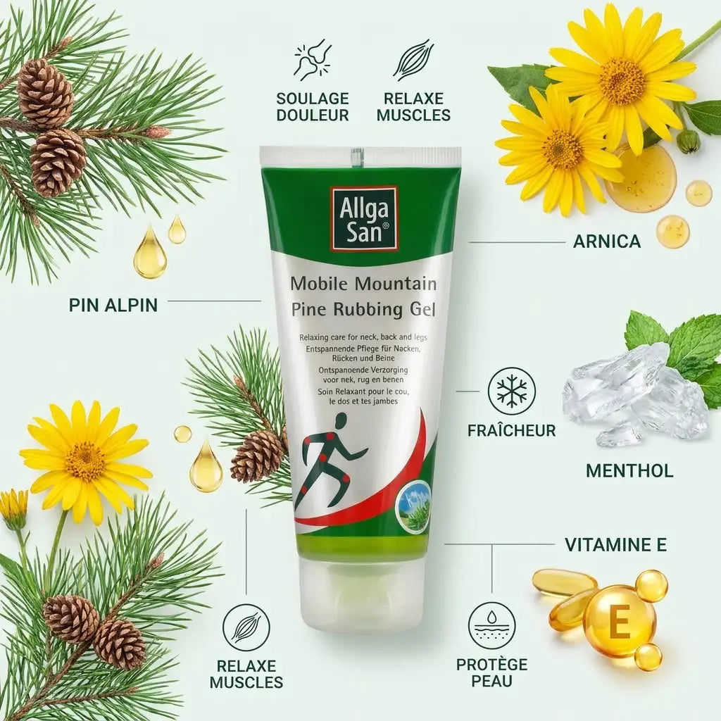 Gel relaxant Allga San avec pin alpin, arnica, menthol et vitamine E pour cervicales et dos