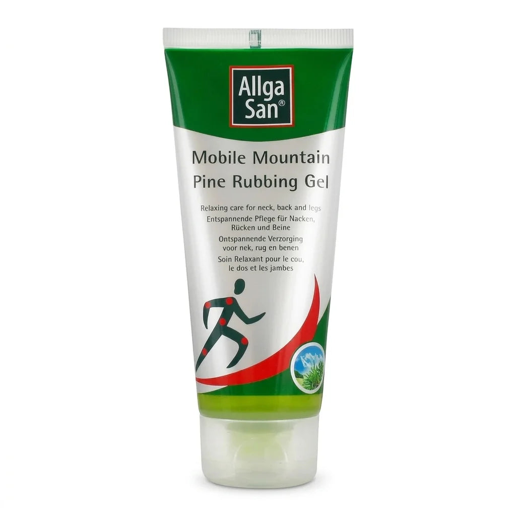 Gel relaxant Allga San pour cervicales et dos, tube blanc et vert sur fond blanc