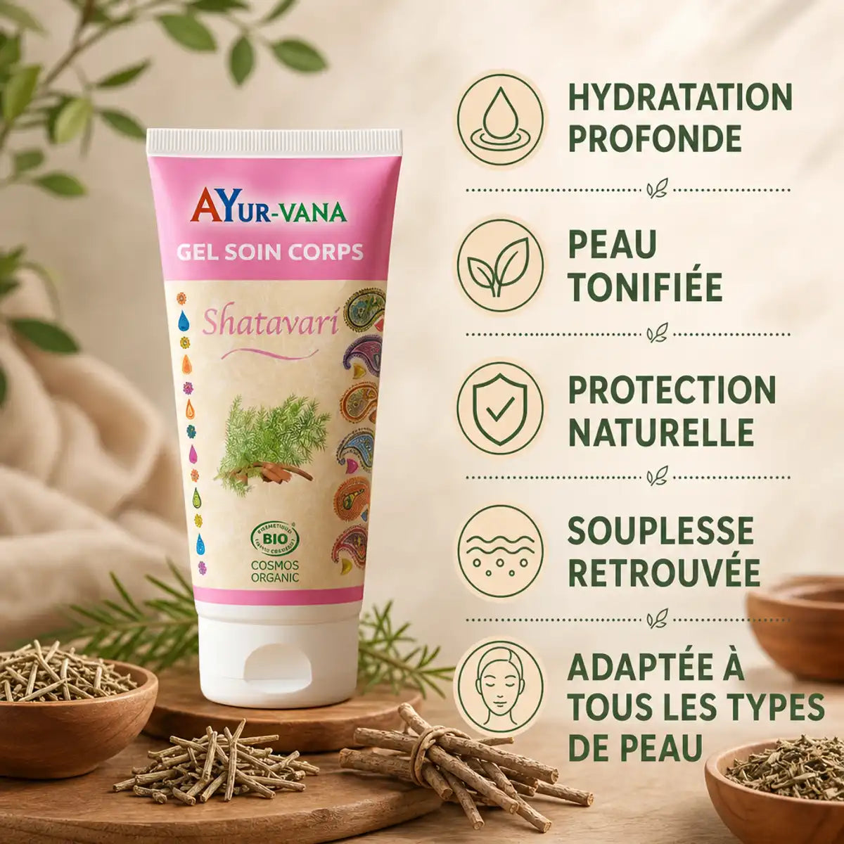 Gel soin corps Shatavari bio Ayurvana - hydratation, tonification et protection naturelle