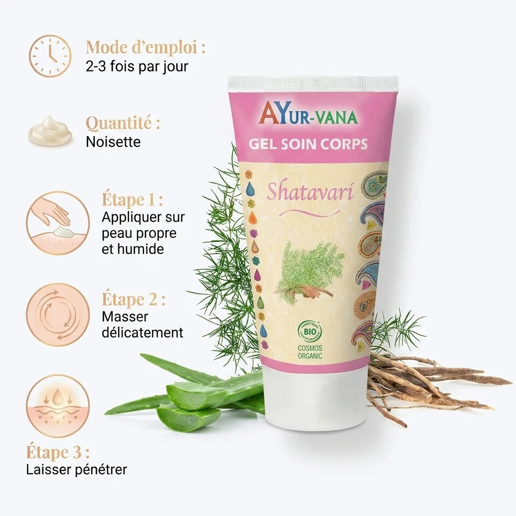 Gel soin corps Shatavari bio Ayurvana avec mode d'emploi et étapes d'application
