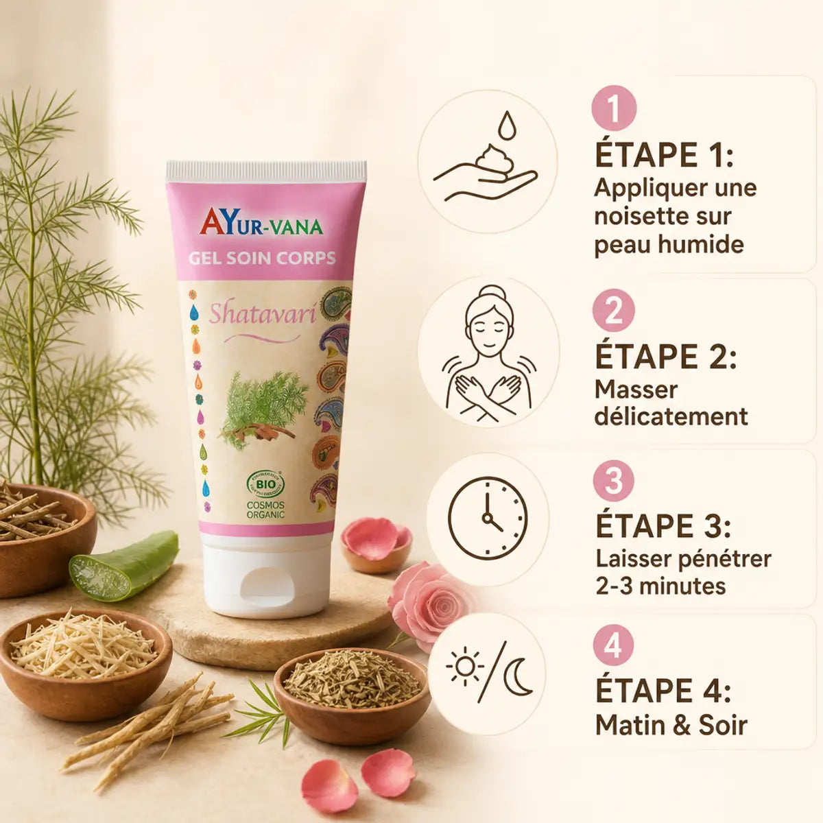 Gel soin corps Shatavari bio Ayurvana avec guide d'application en 4 étapes et ingrédients naturels