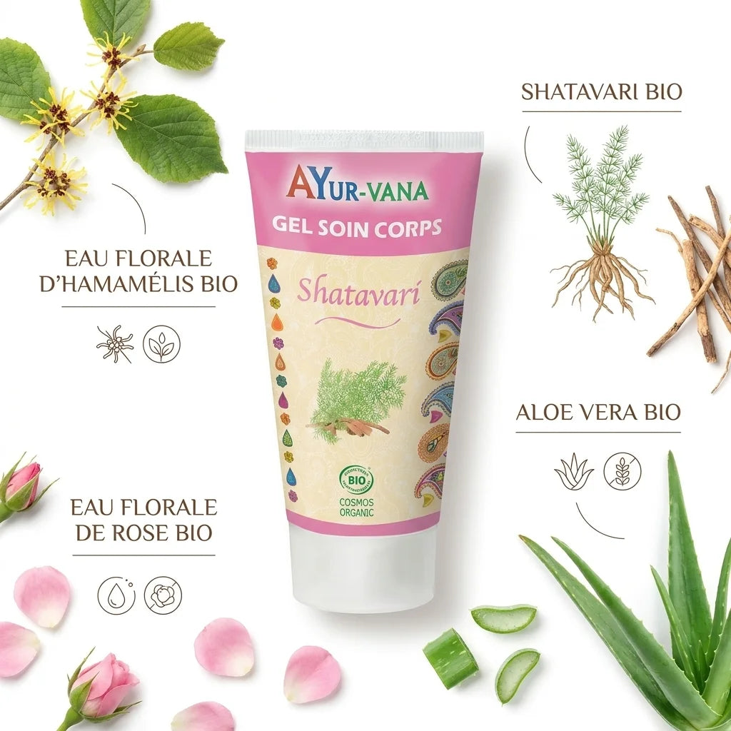 Gel soin corps Shatavari bio Ayurvana avec ingrédients naturels certifiés