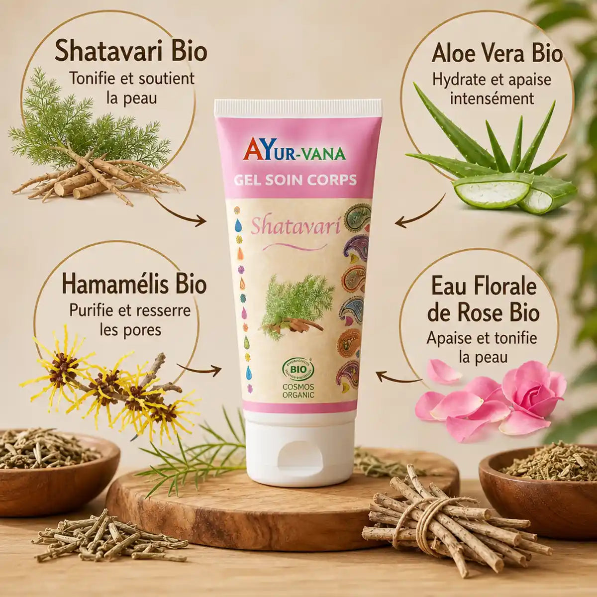 Gel soin corps Shatavari bio Ayurvana avec ingrédients naturels: Aloe Vera, Rose et Hamamélis