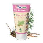 Gel soin corps Shatavari bio Ayurvana certifié Cosmos, tube rose sur fond blanc