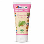 Gel soin corps Shatavari bio Ayurvana, tube rose et crème sur fond blanc